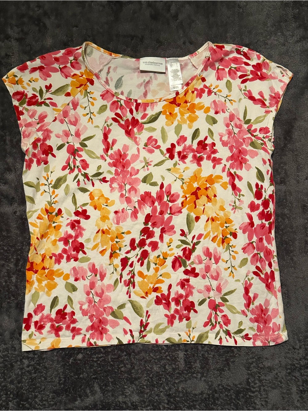 Liz Claiborne Short-Sleeve Floral Tee - White with Pink & Yellow Blossoms
